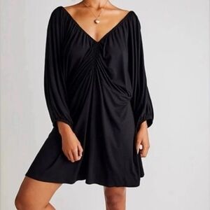 Free People Beach Boa Dress XL V Neck Batwing Sleeve Black Mini Ruched